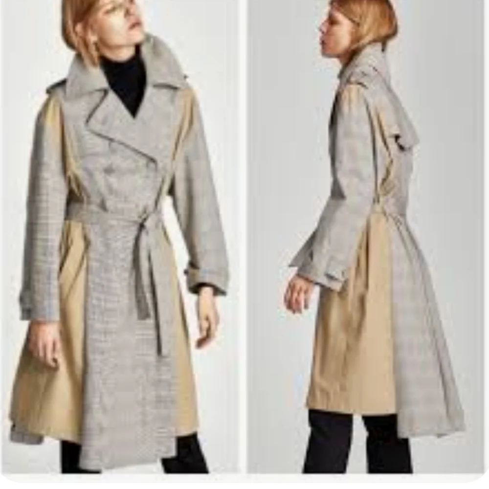 Zara Tan Plaid Houndstooth Double Breasted Trench Coat Size M - Picture 3 of 16